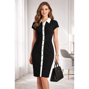 SHANI Black White Collared Button Front Sheath Dress Women 16 Business Elegant